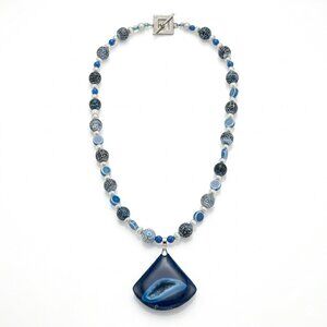 Blue Agate Geode Statement Necklace Blue & White Crackle Glass Beaded Toggle